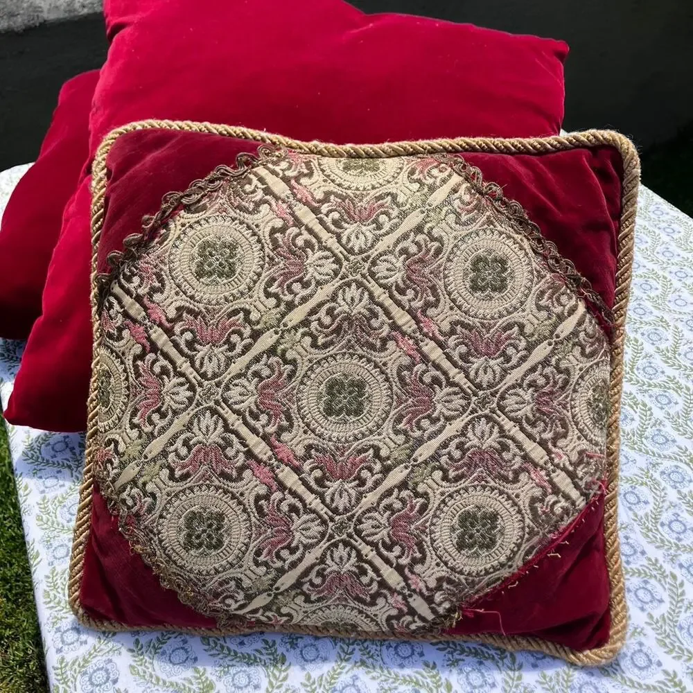 Vintage 1970s embroidered velvet pillow tapestry